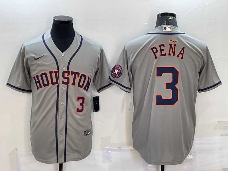 Mens Houston Astros #3 Jeremy Pena Number Grey With Patch Stitched MLB Cool Base Nike Jersey